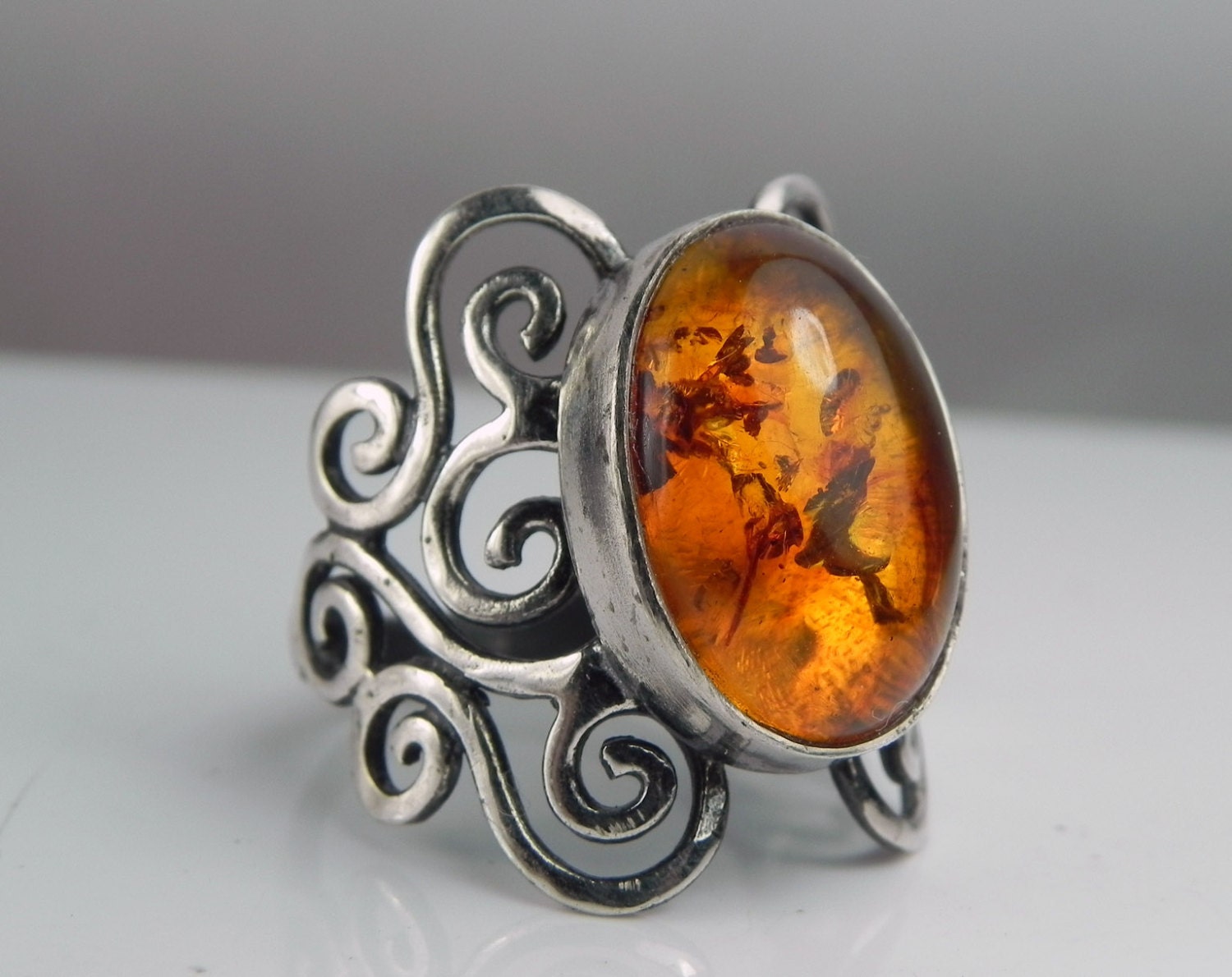 Amber Ring - Baltic Amber Swirl Ring - Unique Silver Amber Jewelry - Antique Swirls - Vintage Inspired Filigree