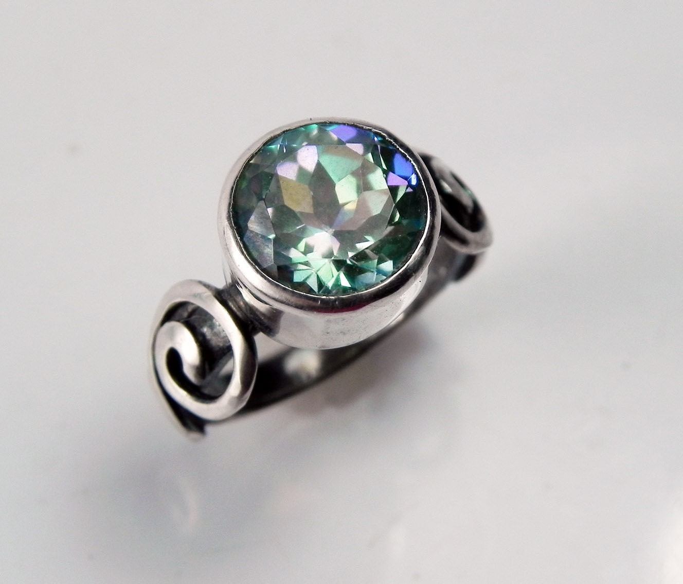 Mystic Topaz Engagement Ring - Unique Alternative Wedding Gemstone Sterling Silver Swirl Ice Blue Aqua Peridot Green Purple Rainbow Jewelry