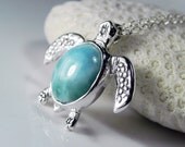 Sea Turtle Necklace - Larimar Turtle Pendant - Unique Handcrafted Sea TurtleTotem Jewelry  - Sea Life Nautical Ocean - Aqua Blue