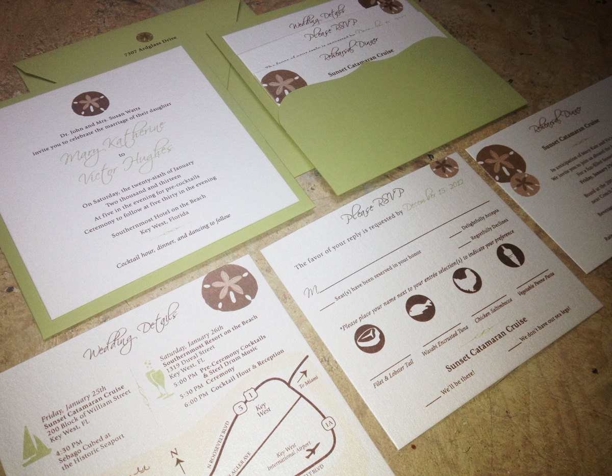 Square Wedding Invitation Pocket Card Beach Sandollar Seashells