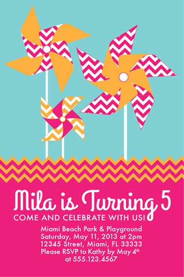 Pinwheel Birthday Party Invitation - Pink, Orange & Blue - Chevron Pattern - DIGITAL Printable - Print-Your-Own