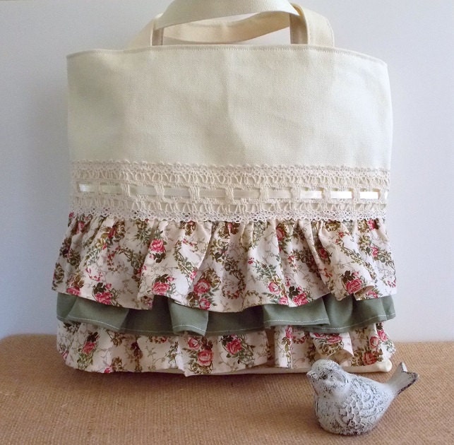 Shabby Cottage Rustic Sage Green and Roses Cream Ruffled Tote Handbag