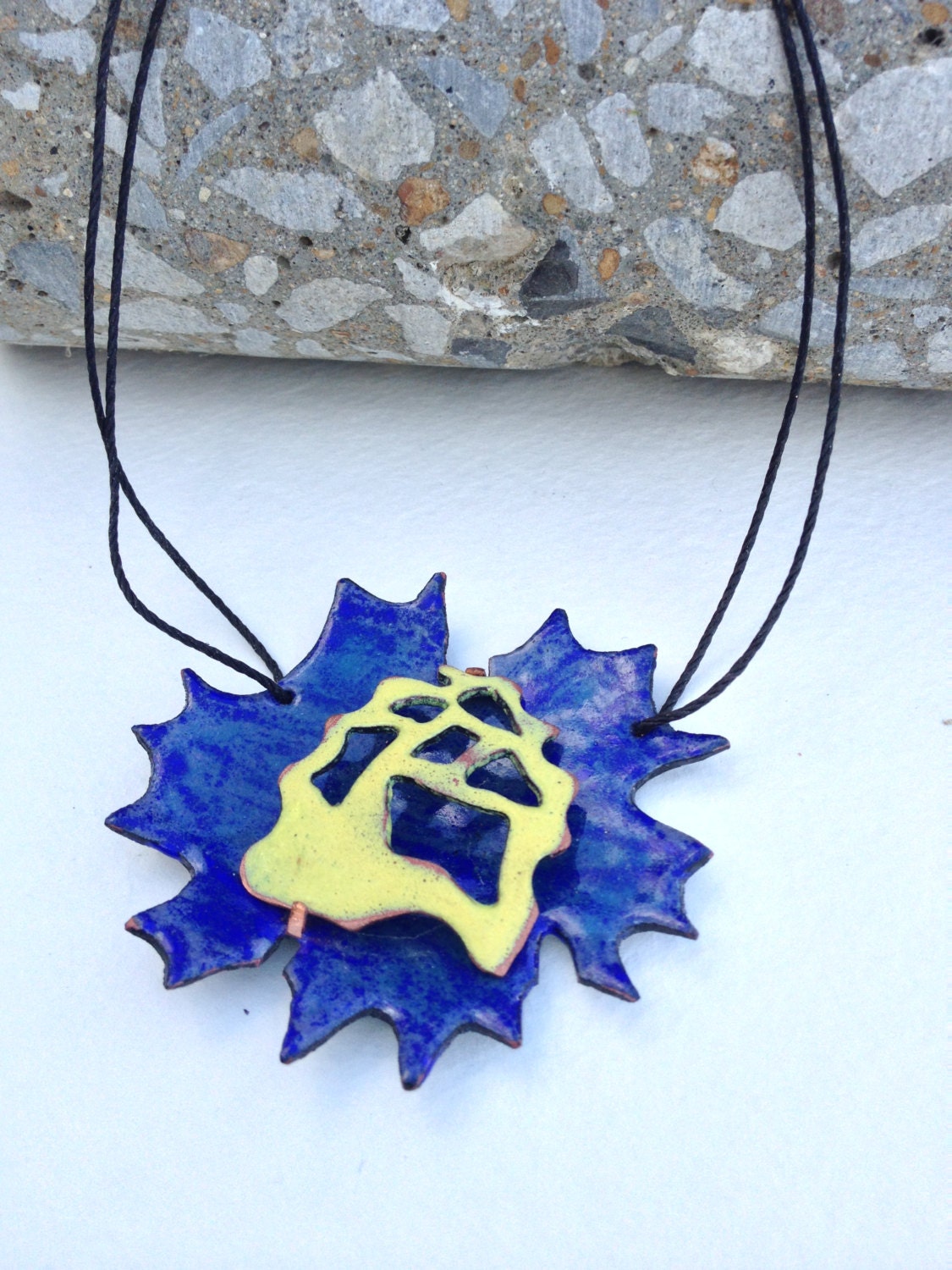 Large Blue and Yellow Enameled Pendant on Natural Bamboo Cord