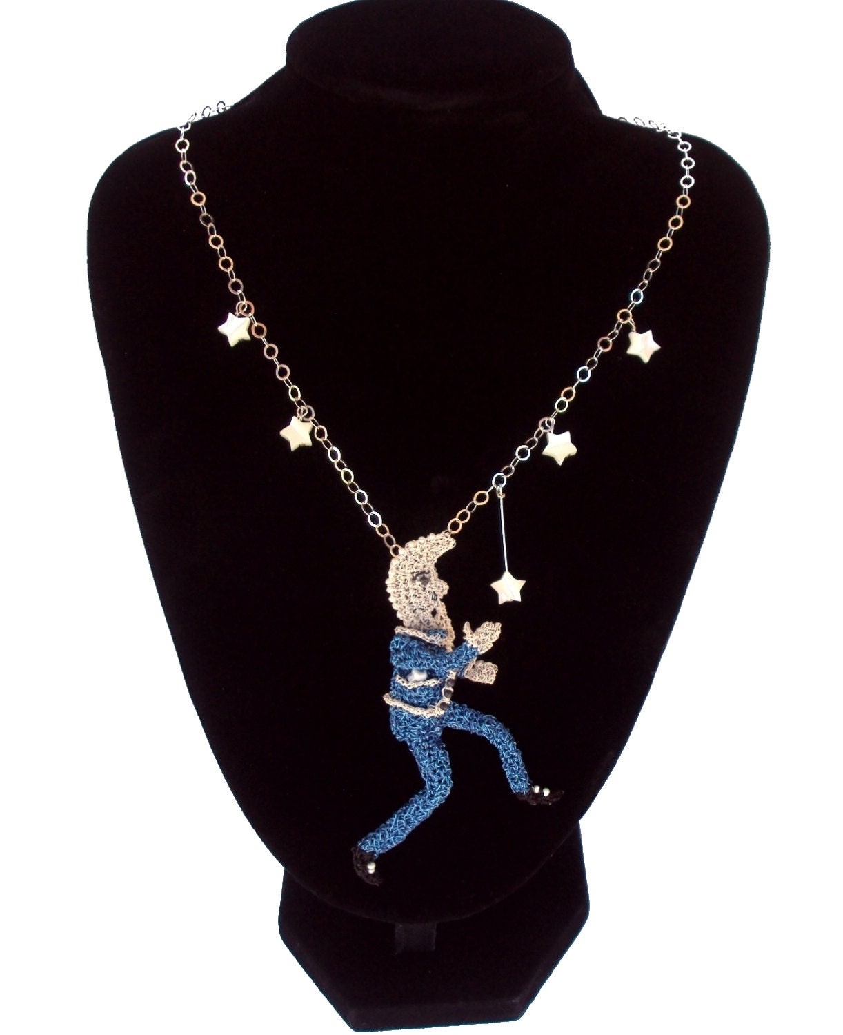Moon necklace, moon man catching a falling star