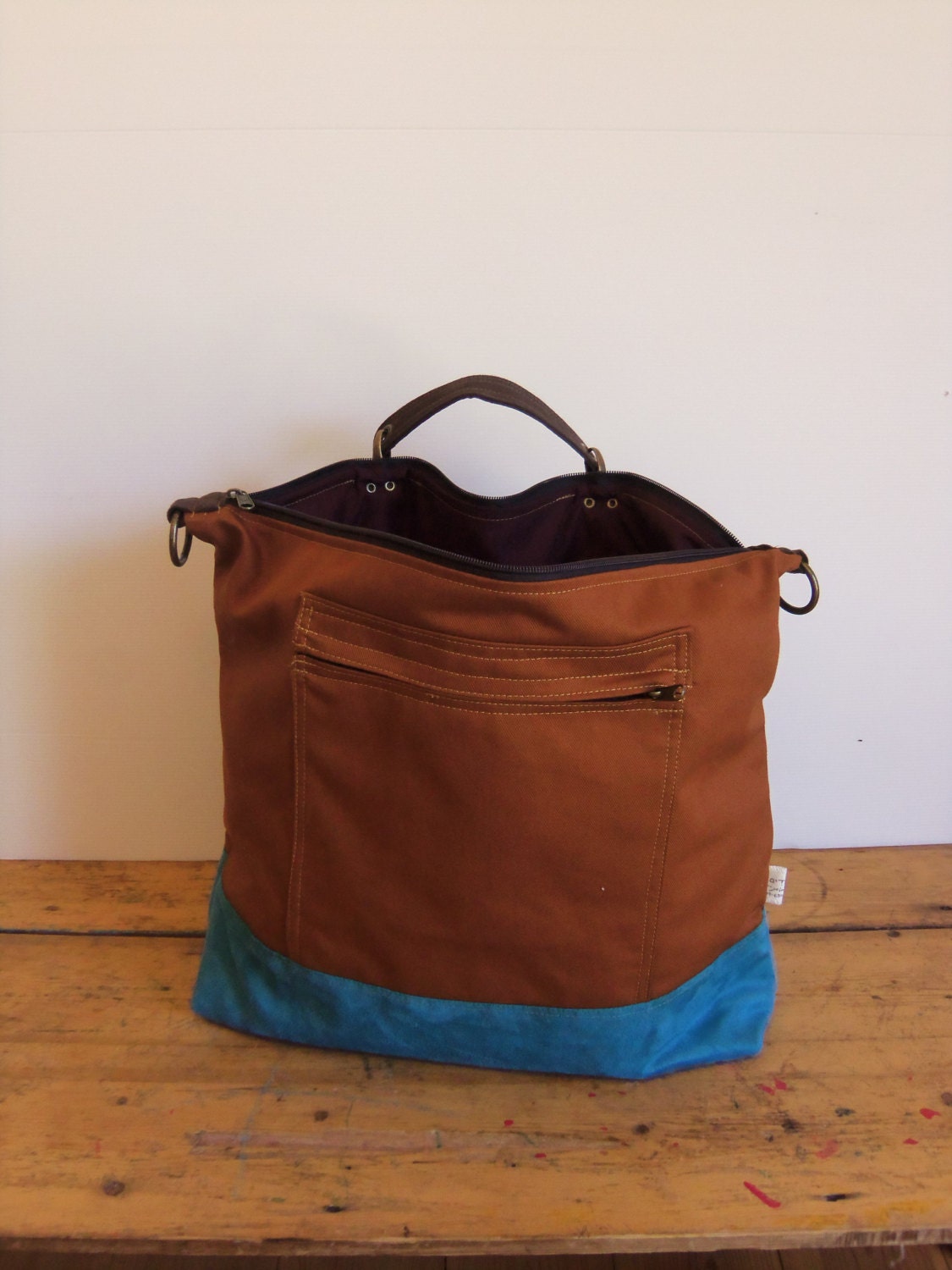 4 ways bag in rust canvas and ocean turquoise vegan suede