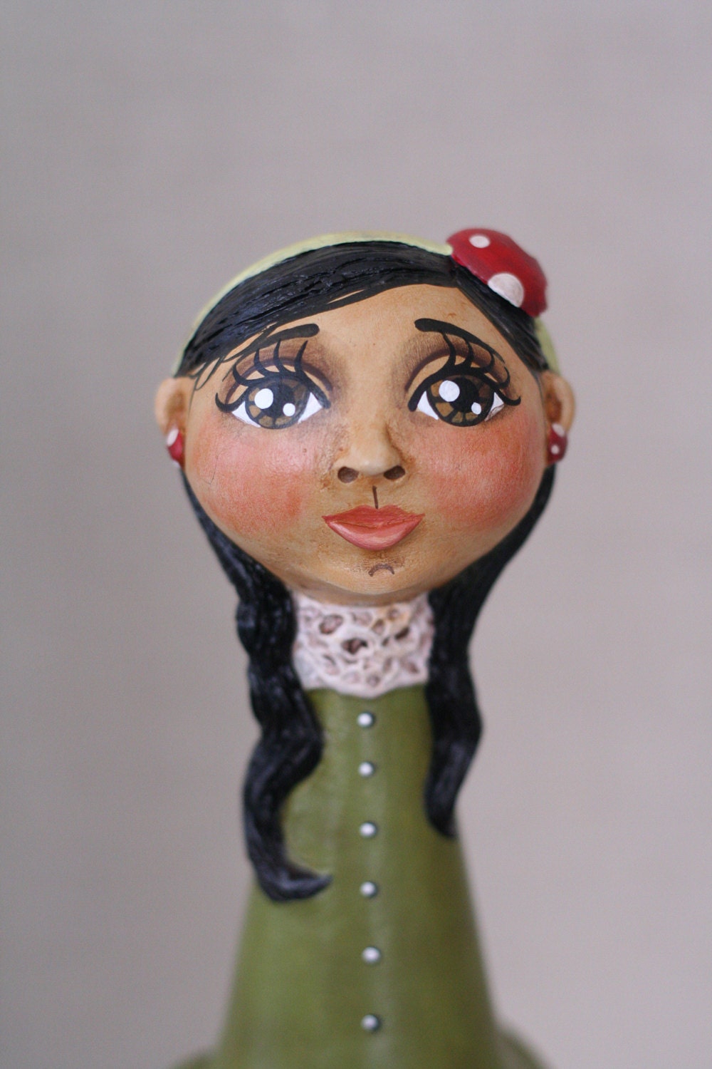 Primitive, OOAK Mushroom Themed Sculpted Folk Art Doll -- Dressed for a Woodland Garden Party