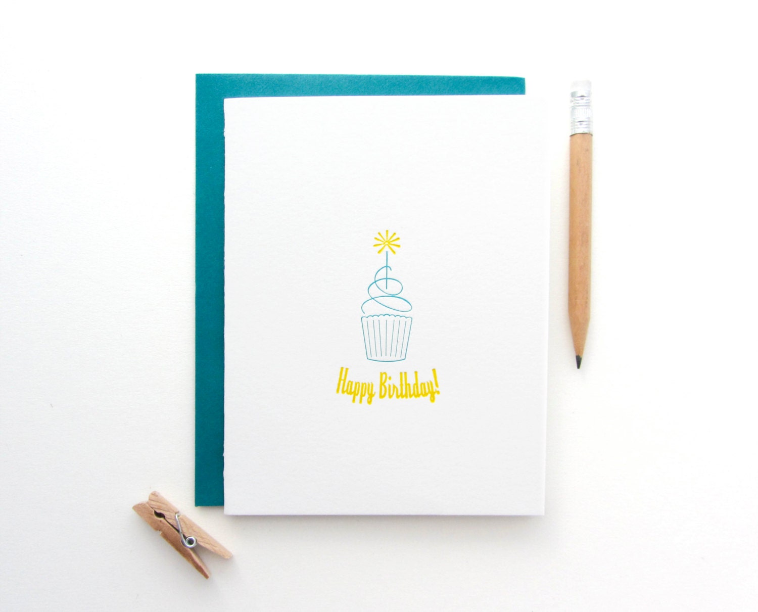 Letterpress 'Happy Birthday Cupcake' Card - Teal
