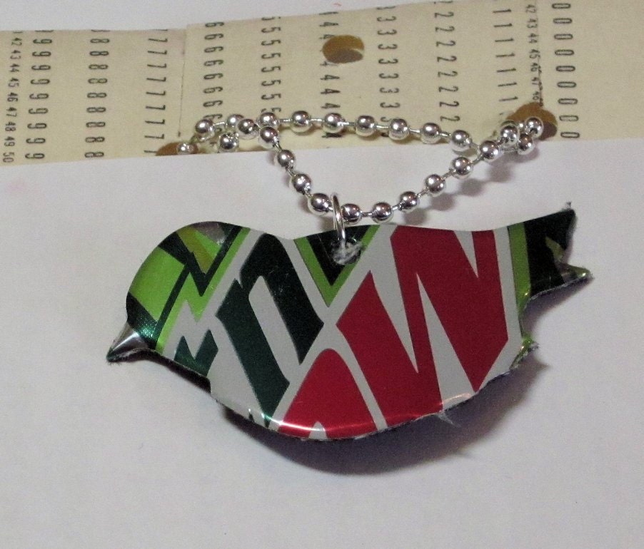 Recycled Eco Friendly Mountain Dew Bird Necklace - Pop Can Jewelry