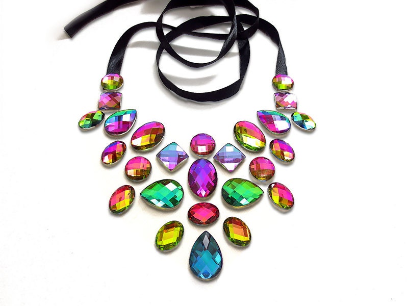 Floating Statement Necklace, Colorful, Vitrail Rainbow Rhinestones, Sparkling Burlesque Necklace, Vitrail Necklace, Iridescent
