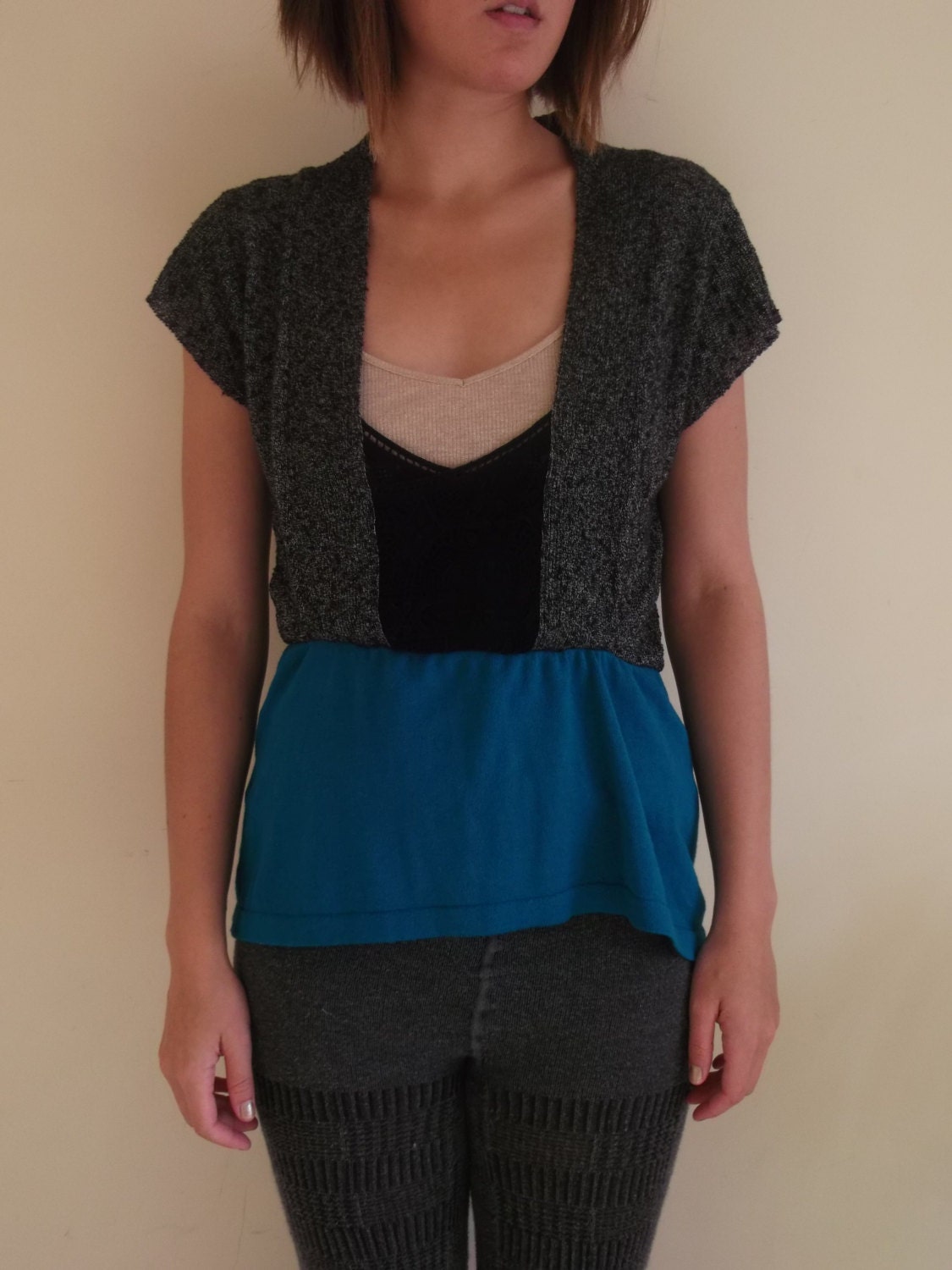 S upcycled top for women in blue gray and black - small