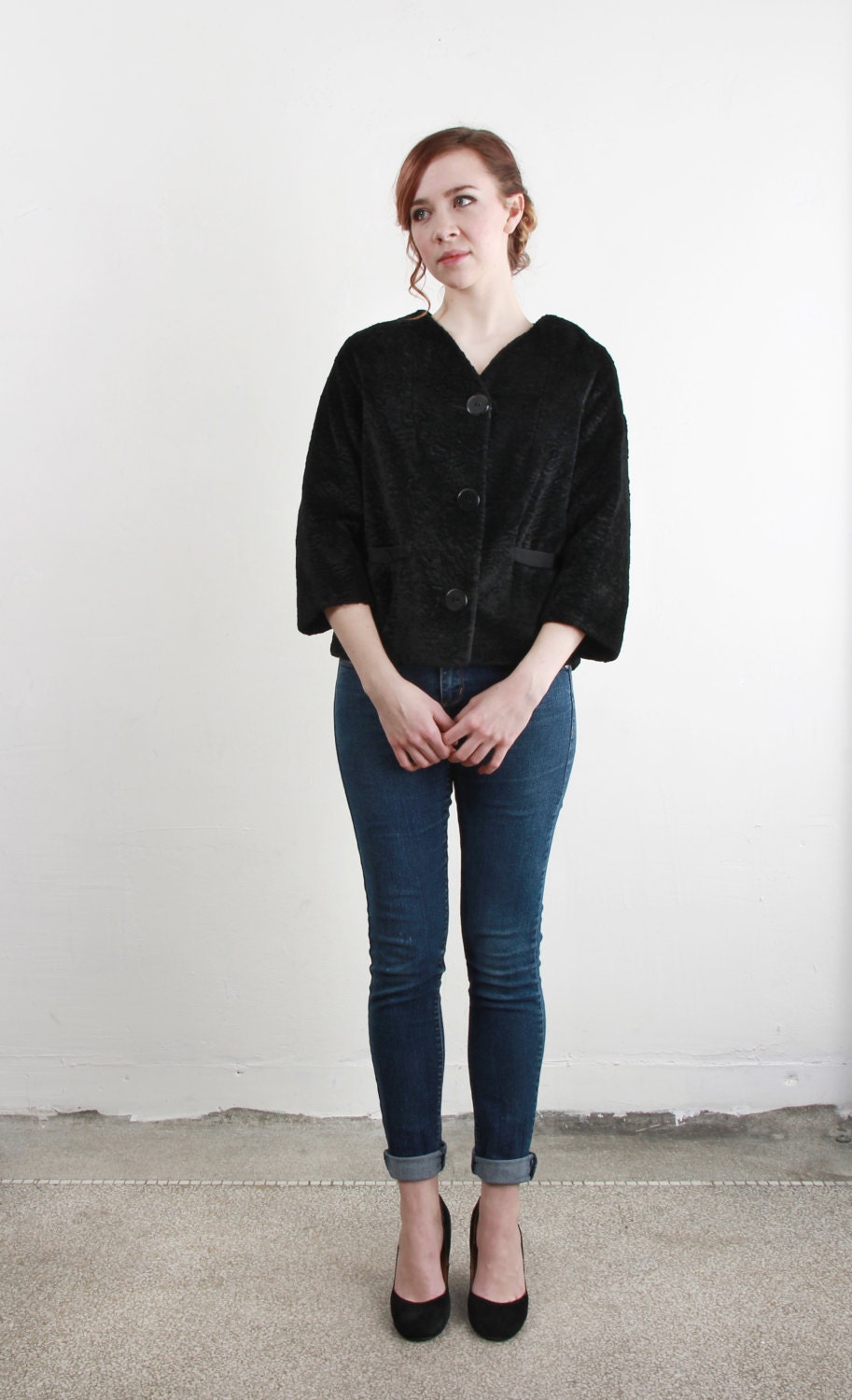 1950s Jacket by WINTER . Crushed Velvet . Black