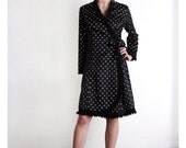 Vintage Wrap Dress . 1960s Painted Polka Dot LBD Black Satin