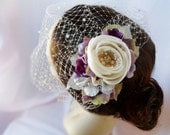 silk ivory flower, hair accessory, bridal hair clip, purple wedding headpiece - COQUETTE - rhinestone hair clip, cream hair accessories
