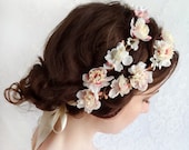 cream wedding hair accessories, ivory flower hair wreath, bridal headpiece-  SHEPHERDESS - pink bridal head piece, flower girl