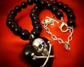 Black Beaded Skull Necklace with Heart // Skull Choker Necklace // Gothic Choker // Gothic Necklace