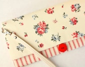 Floral WRISTLET CLUTCH ...Red and White Wristlet Clutch, Zipper Clutch, Red Ticking Clutch, Red Ticking Wristlet, Floral, Red Striped Clutch