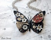 Steampunk Butterfly Necklace - Custom Design Black Butterfly with Watch Gears Flowers and Jewels