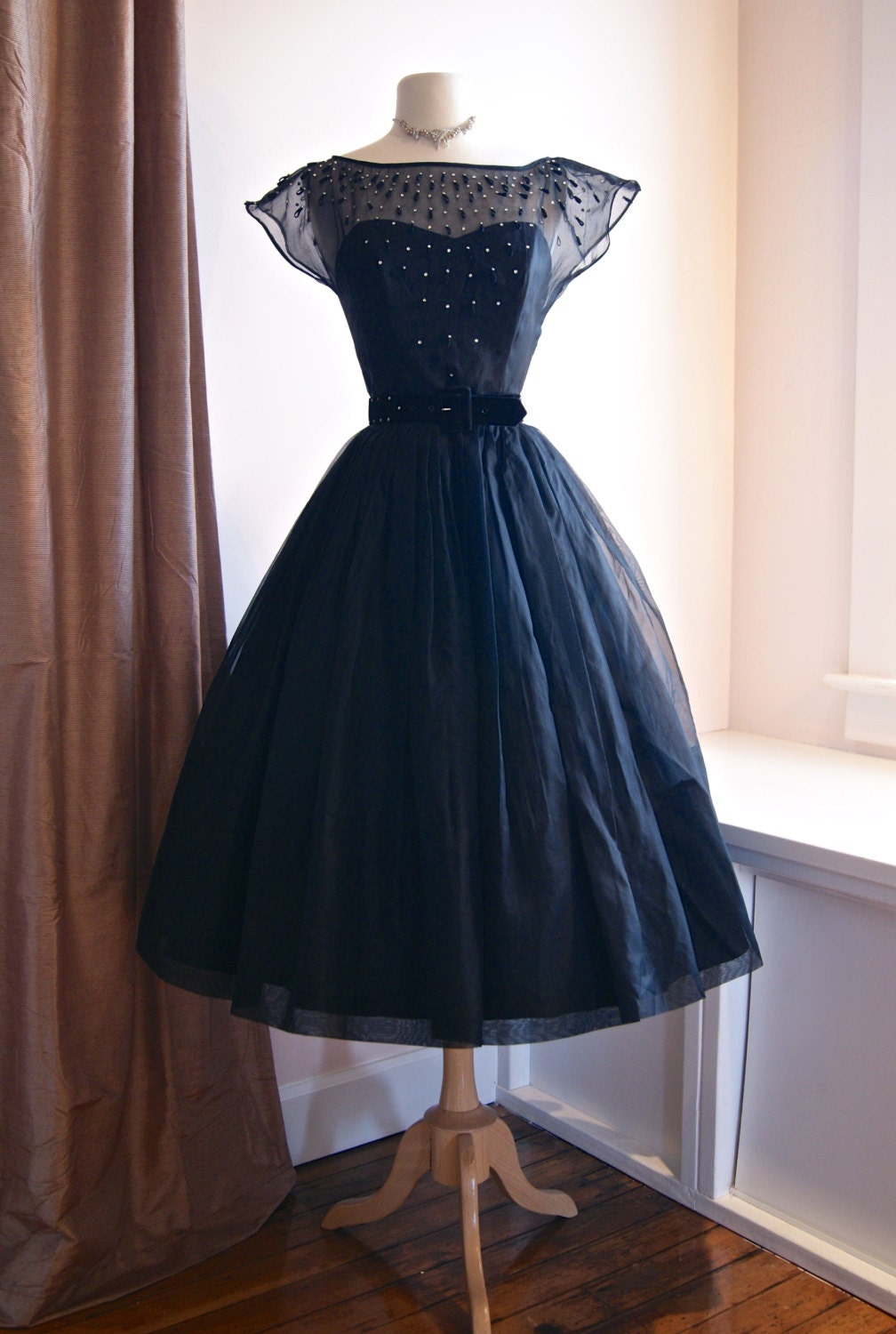 Vintage 50s Dress // 1950s Black Magic Silk Organza Full Skirt Party Dress with Rhinestones