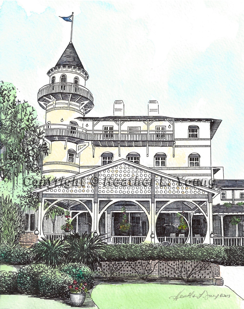 Jekyll Island Club Hotel - Hand Watercolored Pen and Ink Drawing Fine Art Print - Wedding Venue