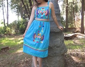 Vintage Embroidered Rainbow Peasant Bird Dress