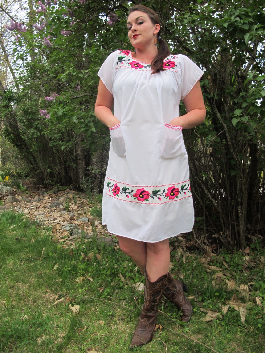Vintage Embroidered Bohemian Cotton Dress with Pockets XL