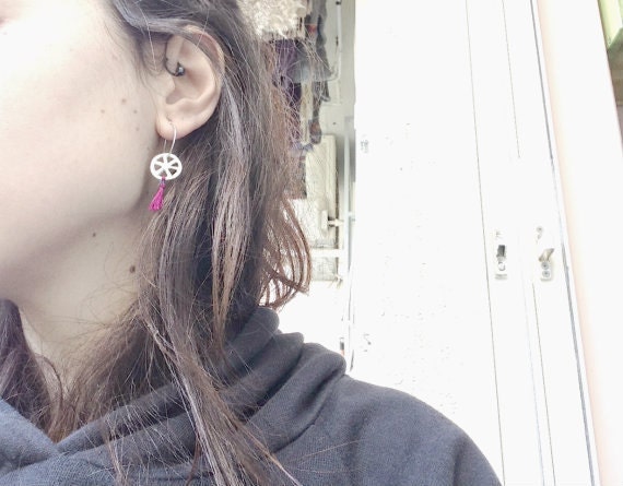 Magenta hoop earrings Summer jewelry Sterling silver hoops
