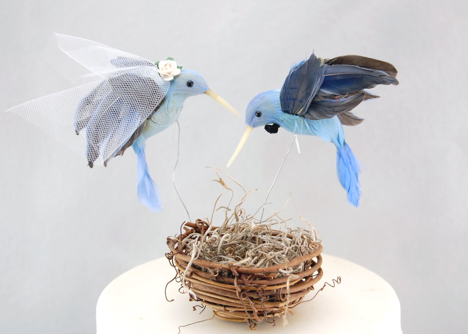 NEW and ON SALE - Hummingbird Wedding Cake Topper: Rustic Bride & Groom Love Bird Humming Birds in Blue, Orange or Pink