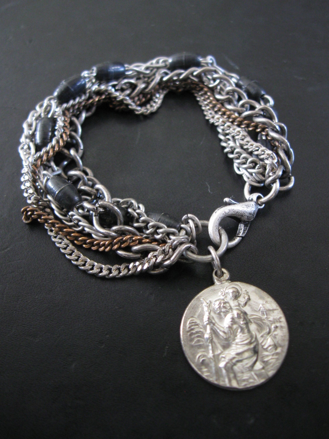 Hang On Saint Christopher - Assemblage Bracelet  - Old Rosary Beads and Vintage Catholic Medallion