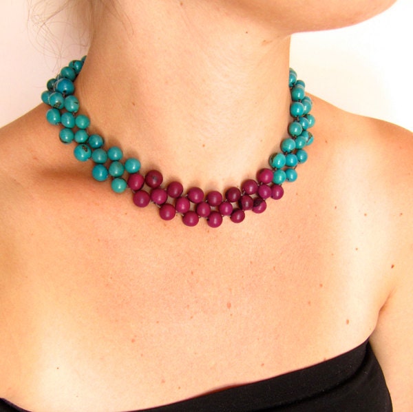 Color Blocking necklace, blue and purple, ecofriendly natural beads, acai jewelry