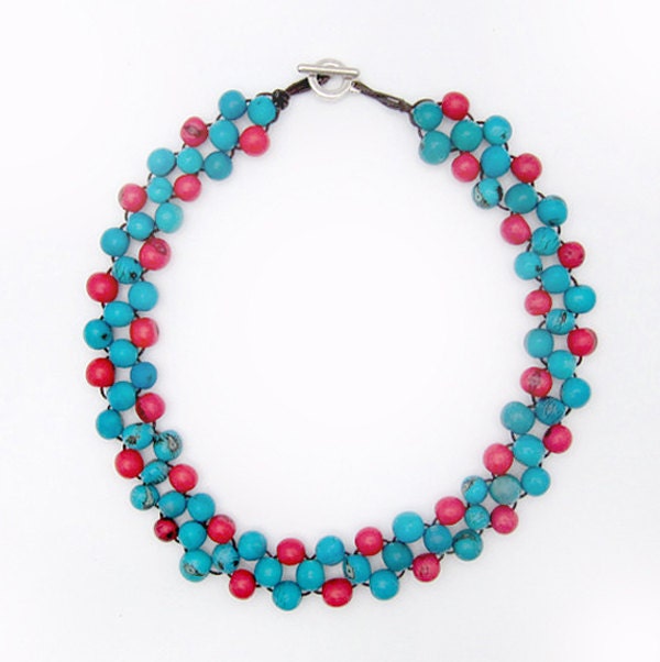 Mexican Style Necklace, red and turquoise, Beaded Collar Necklace, blue bead choker