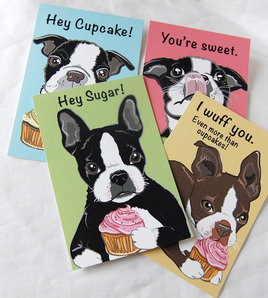 Big Boston Terrier Cupcake Valentines - Eco-friendly Set of 4