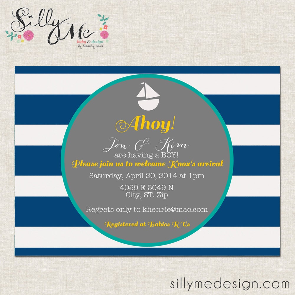 Ahoy- Sail Boat- Custom Baby Shower Invitation, Birthday Party Invitation