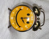 Wind Up Clock, Robert Shaw Alarm Clock, Vintage, Have A Happy Day, Smile Face, Works, 1970's, Yellow, Red
