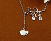 Sparrow Five Leaf, Personalized Custom Initial Leaf, White Gold Plated Tree Branch Necklace