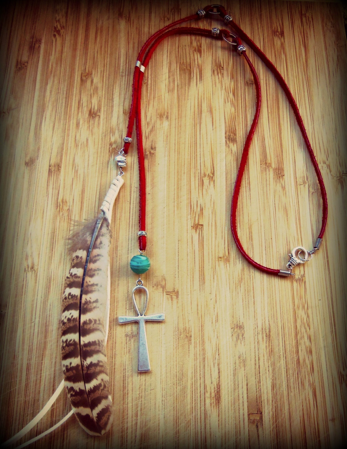 CROSS - Bohemian Double Strand Red Suede with Cross and Feather Pendant Necklace