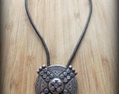 Large Tribal Antique Silver Pendant Necklace with Leather Band