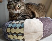 Cat Pouf Pillow Bed - Made with Durable Upholstery Fabric - Earth Friendly - Blue, Spots, Beige, Grey