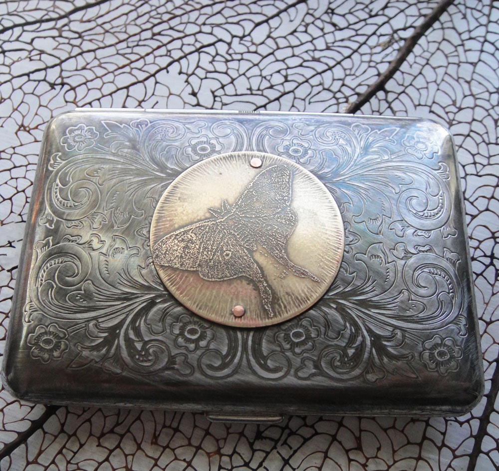 Luna Moth Etched Wallet / Cigarette Case in Victorian Filigree -- Acid Bath Series