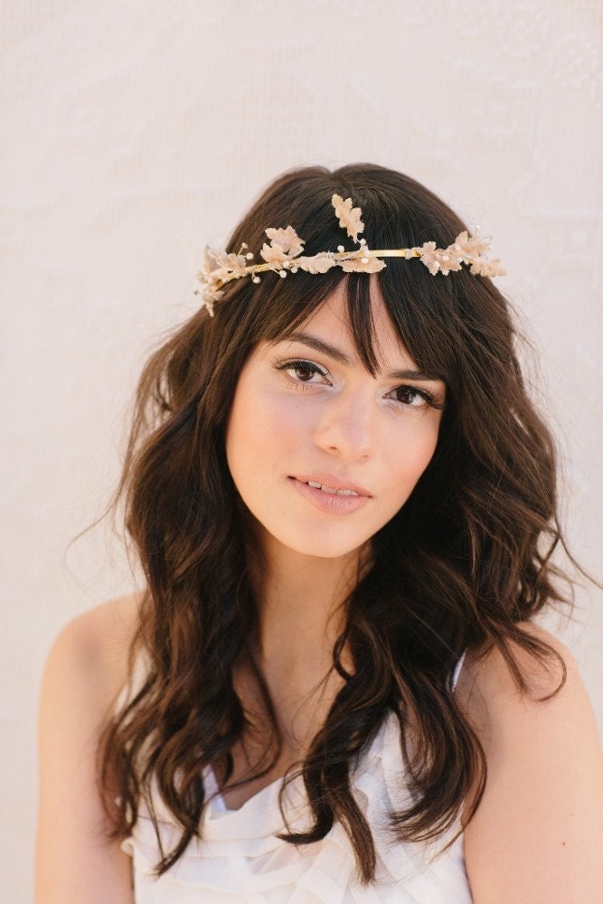 Abigail Bridal Headband, Bohemian Halo, Champagne Velvet Leaves, Rhinestones, Pearls, Wedding Headpiece, Bridal Hair Piece, Ships in 1 Month