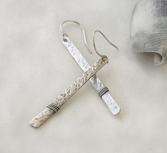 Stick sterling silver earrings - hammered and wire wrapped