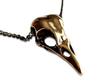 Raven Skull Necklace - Solid Bronze Bird Crow