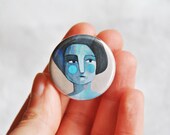 Blue girl pin illustrated woman button brooch