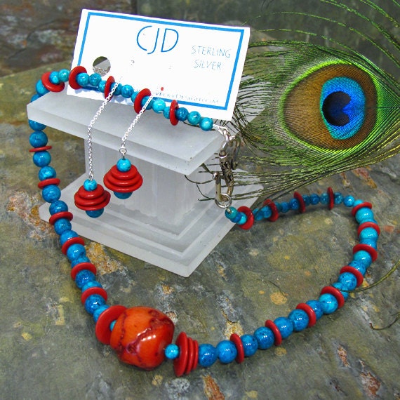 Turquoise Fossil Stone and Red Coral Necklace and Earrings Set - SS27