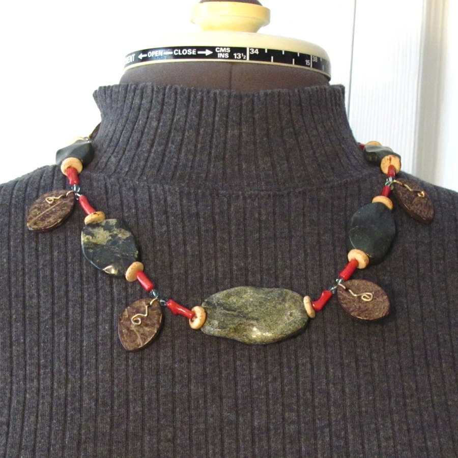 Russian Serpentine and Coral Necklace with Coconut Shell Leaves - NS43