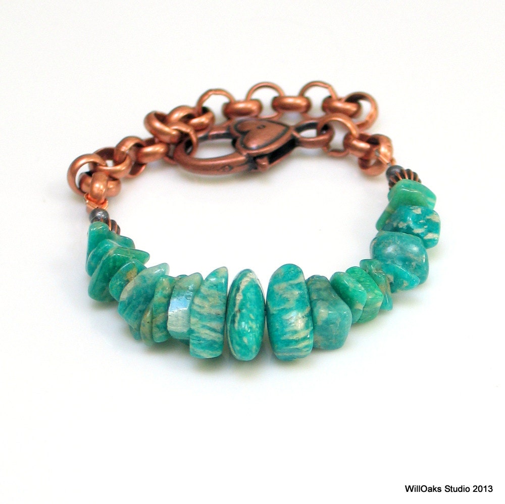 Teal Stone and Chain Bracelet, Copper and Natural Amazonite WillOaks Studio Original, Adjusts from Small to Large