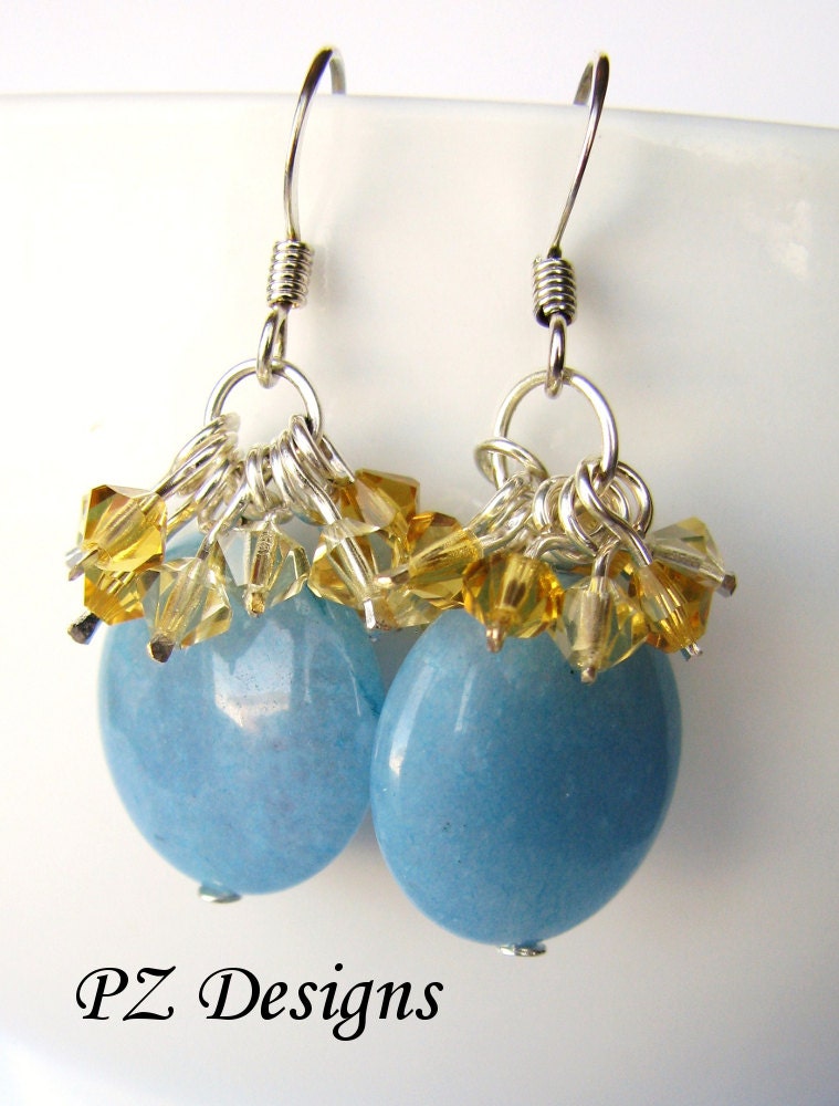 Forget-Me-Not Earrings - Crystal Clusters, Blue Jade, Yellow Gold Amber Bicones, Silver
