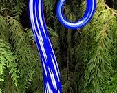 Hand Blown glass Fiddlestick - Lapis & white (large) - Glass Garden Art