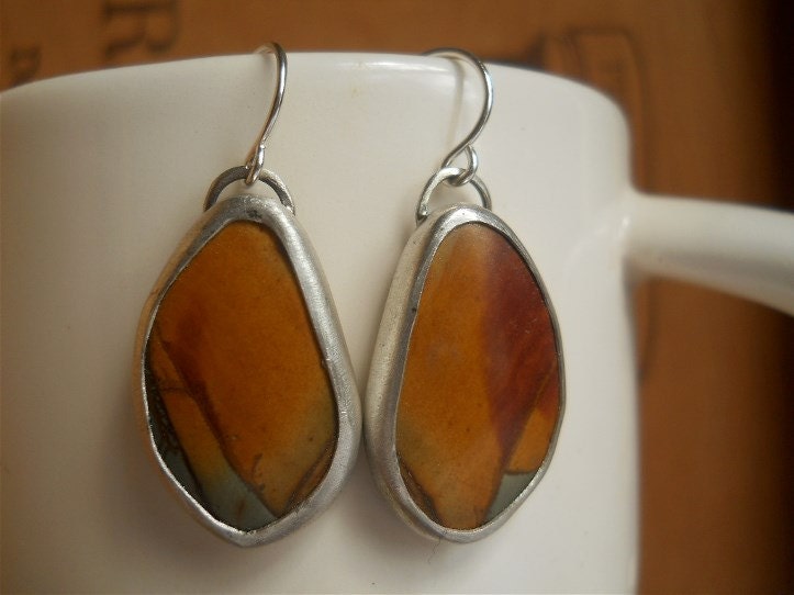yellow, Picasso jasper earrings, sterling silver, stone cabochon, organic, freeform cabochon, rust, natural