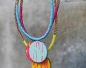 Geometric Necklace / Boho Necklace / Wooden Colourful Necklace/ Neon Light Blue Pink Necklace