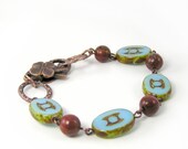 Beaded Bracelet, Robin's Egg Blue, Gemstone Beads, Brown, Copper, Red Creek Jasper, Flower Toggle, Simple Jewelry, Vintage Inspired